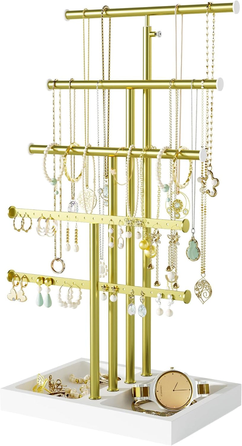 Love-KANKEI Jewelry Organizer Stand,5 Tier Large Necklace Holder with Metal and Wood Base,Jewelry holder stand Tree for Display,Bracelets Earrings Rings,Height Adjustable White and Gold