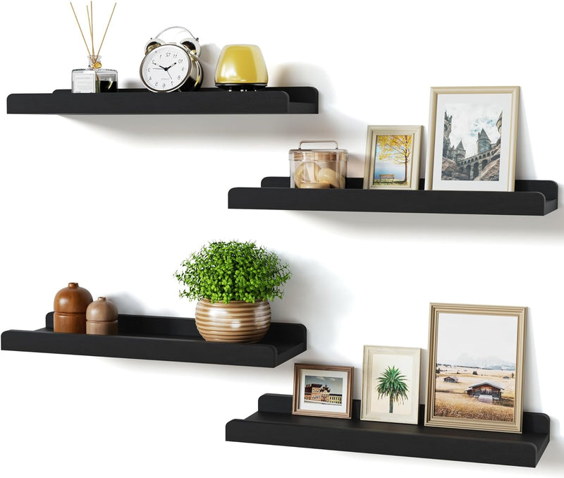 Love-KANKEI Floating Shelves for Wall Set of 4, Rustic Wall Shelves with Lip,15.6 Inch Wood Hanging Shelves for Bedroom Bathroom Living Room Kitchen Office Display, Pitch Black