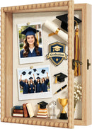 Love-KANKEI 11x14 Deep Shadow Box Frame, Front-Opening Glass Door with Unique Wood Beads, Large Memory Display Case for Collections, Pictures,Keepsakes Medals Tickets, Tabletop Wall Mount- Natural