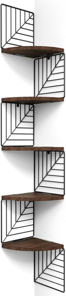 Love-KANKEI Corner Shelf Wall Mount of 5 Tier Rustic Wood Floating Shelves Wall Shelves for Bedroom Living Room Bathroom Kitchen Office and More Carbonized Black