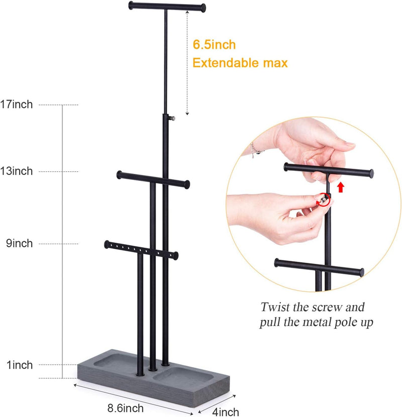 Love-KANKEI Jewelry Tree Stand White Metal and Wood Base Large Storage Jewelry Organizer for Necklaces Bracelets Earrings Holder Jewelry Display White and Carbonized Black