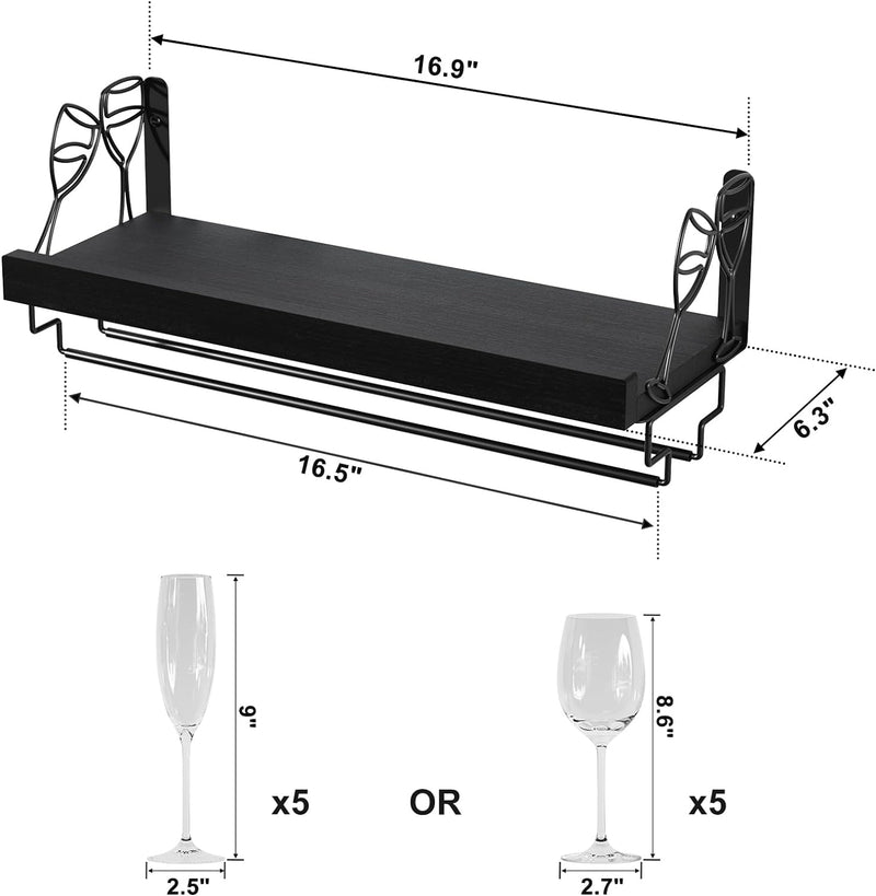 Love-KANKEI Wine Rack with Stemware Hanger, 17inch Wine Glass Rack, Floating Shelf Wall Mounted, Wood Wall Shelf for Kitchen, Dinning Room, Home Bar, Living Room etc, Dark Brown