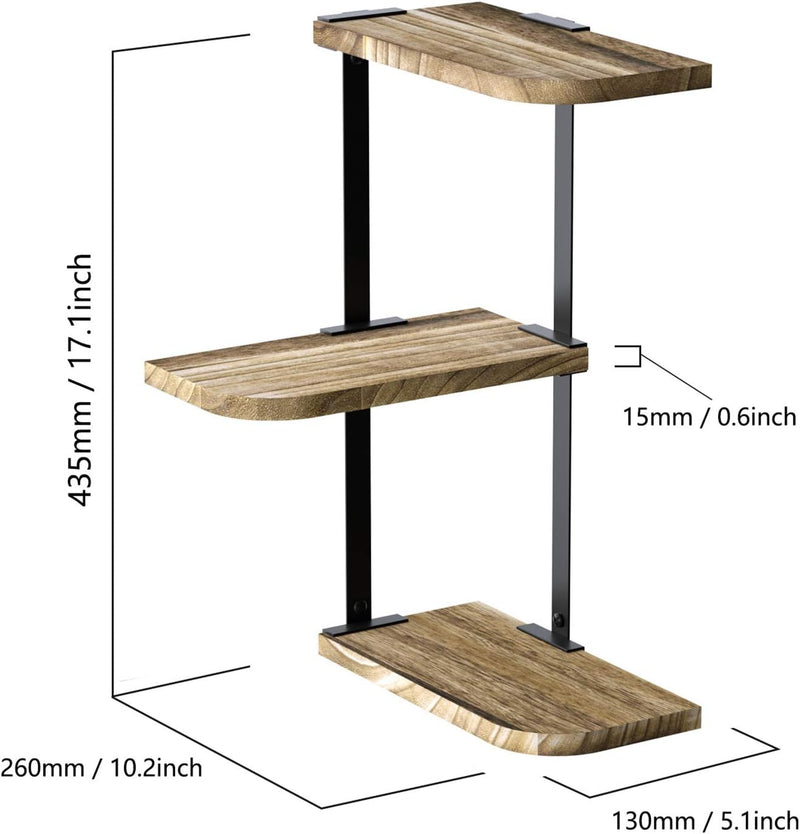 Love-KANKEI Corner Shelf Wall Mount of 3 Tier Rustic Wood Floating Shelves for Bedroom Living Room Bathroom Kitchen Office and More Carbonized Black