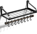 Love-KANKEI Pot Rack Wall Mounted Pan Pot Organizer Wall Shelf with Towel Bar and 8 Hooks for Kitchen Cookware Utensils Organization