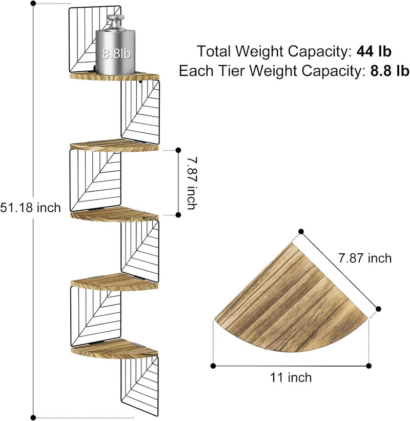 Love-KANKEI Corner Shelf Wall Mount of 5 Tier Rustic Wood Floating Shelves Wall Shelves for Bedroom Living Room Bathroom Kitchen Office and More Carbonized Black