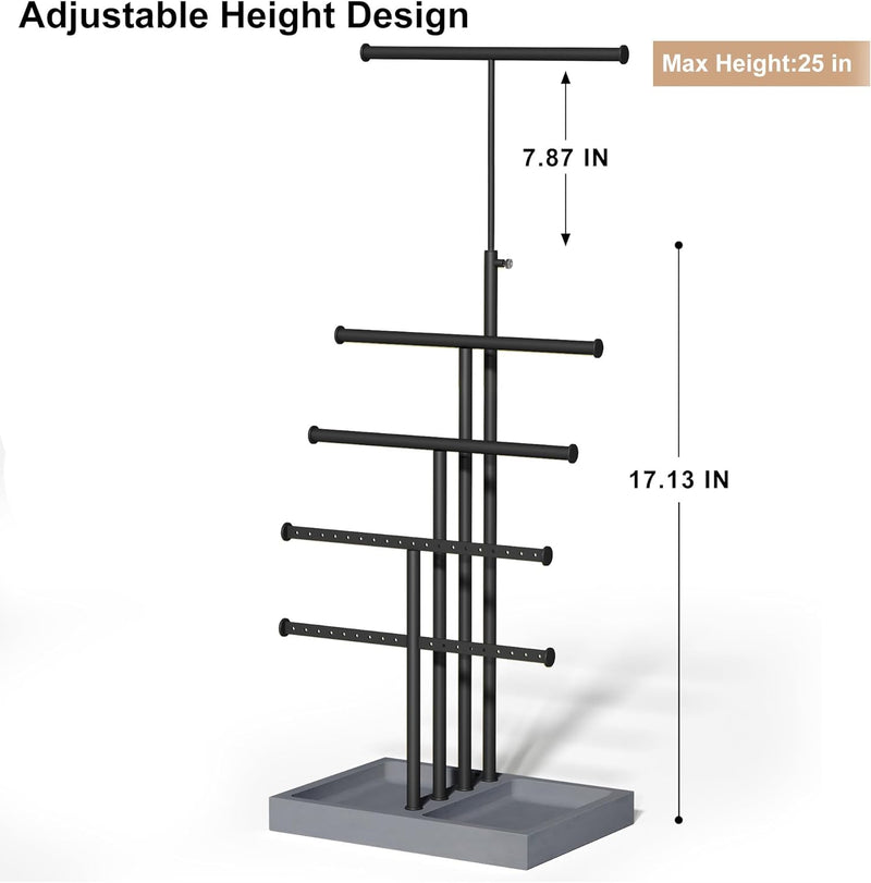 Love-KANKEI Jewelry Organizer Stand,5 Tier Large Necklace Holder with Metal and Wood Base,Jewelry holder stand Tree for Display,Bracelets Earrings Rings,Height Adjustable White and Gold