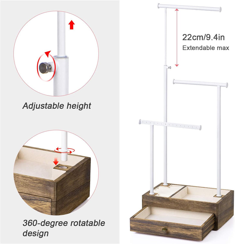 Love-KANKEI Necklace Holder Jewelry Tree Stand Adjustable Height with Large Storage for Necklaces Bracelets Earring Rings Drawer Jewelry Organizer Jewelry Display White and White