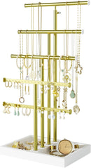 Love-KANKEI Jewelry Organizer Stand,5 Tier Large Necklace Holder with Metal and Wood Base,Jewelry holder stand Tree for Display,Bracelets Earrings Rings,Height Adjustable White and Gold