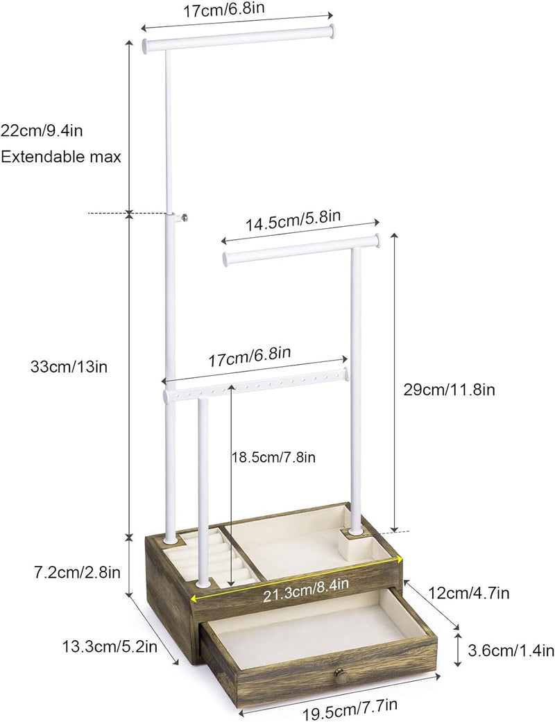 Love-KANKEI Necklace Holder Jewelry Tree Stand Adjustable Height with Large Storage for Necklaces Bracelets Earring Rings Drawer Jewelry Organizer Jewelry Display White and White