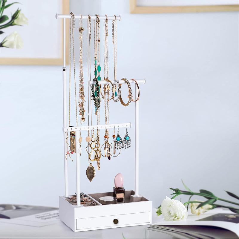 Love-KANKEI Necklace Holder Jewelry Tree Stand Adjustable Height with Large Storage for Necklaces Bracelets Earring Rings Drawer Jewelry Organizer Jewelry Display White and White