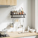 Love-KANKEI Floating Shelf Wall Shelf for Storage Rustic Wood Kitchen Spice Rack with Towel Bar and 8 Removable Hooks for Organize Cooking Utensils or Mugs Carbonized Black