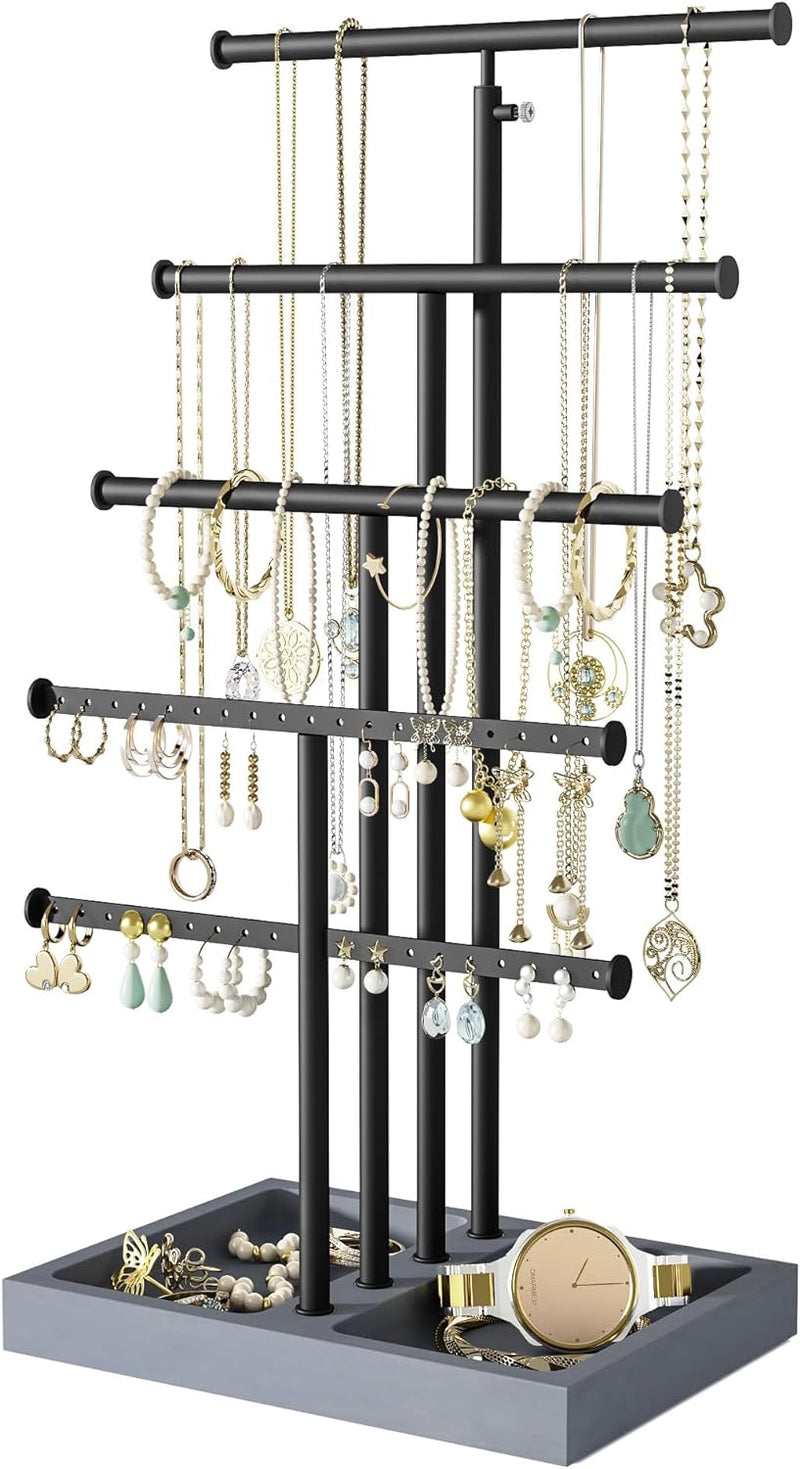 Love-KANKEI Jewelry Organizer Stand,5 Tier Large Necklace Holder with Metal and Wood Base,Jewelry holder stand Tree for Display,Bracelets Earrings Rings,Height Adjustable White and Gold