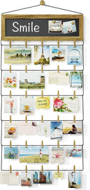 Love-KANKEI Picture Frames Collage Wall Decor 15×32 inch with Picture Board and 30 Clips,Wood and Metal Photo Frame,Gallery Artworks Display for Living Room,Bedroom Carbonized Black