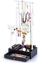 Love-KANKEI Necklace Holder Jewelry Tree Stand Adjustable Height with Large Storage for Necklaces Bracelets Earring Rings Drawer Jewelry Organizer Jewelry Display White and White