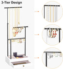 Love-KANKEI Necklace Holder Jewelry Tree Stand Adjustable Height with Large Storage for Necklaces Bracelets Earring Rings Drawer Jewelry Organizer Jewelry Display White and White