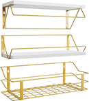 Love-KANKEI Floating Shelves Wall Mounted, Wood Wall Shelves with Storage Wire Basket, Bathroom Shelf Over Toilet eith Towel Bar,Hanging Shelves for Beadroom Living Room Kitchen, Set of 3, Black