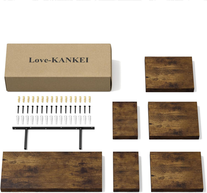 Love-KANKEI Floating Shelves Wall Mounted Set of 6, Wood Wall Shelves with Invisible Bracket,Rustic Hanging Shelves for Display,Bedroom Living Room Bathroom Kitchen Office Brown