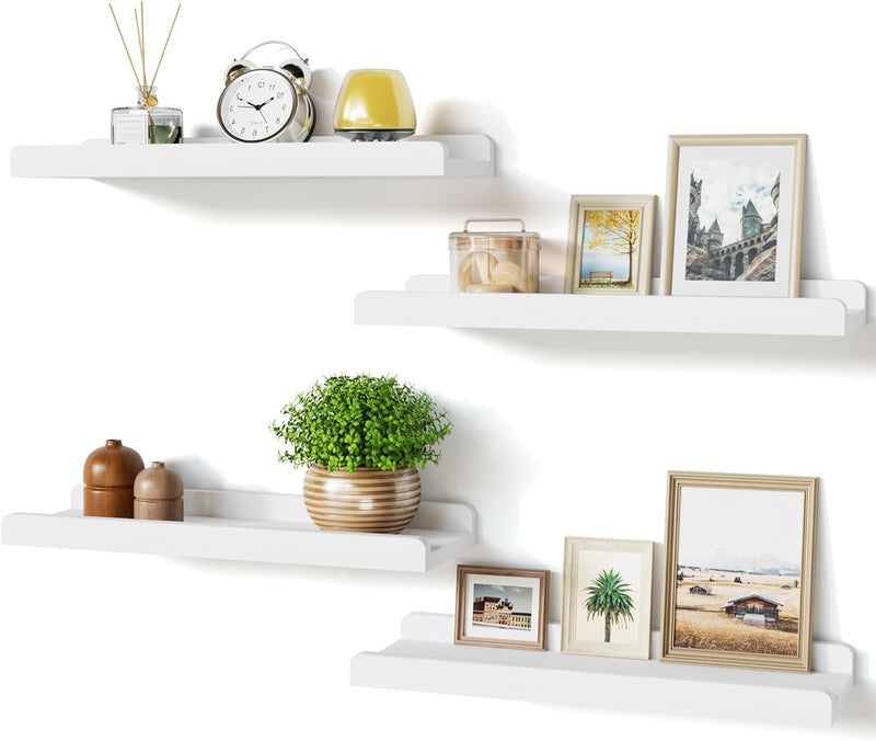 Love-KANKEI White Long Floating Shelves for Wall 24 Inch Set of 4, Rustic Wall Shelves with Lip,Wood Hanging Shelves for Bedroom Bathroom Living Room Kitchen Nursery Display