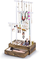 Love-KANKEI Necklace Holder Jewelry Tree Stand Adjustable Height with Large Storage for Necklaces Bracelets Earring Rings Drawer Jewelry Organizer Jewelry Display White and White