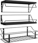 Love-KANKEI Floating Shelves Wall Mounted, Wood Wall Shelves with Storage Wire Basket, Bathroom Shelf Over Toilet eith Towel Bar,Hanging Shelves for Beadroom Living Room Kitchen, Set of 3, Black