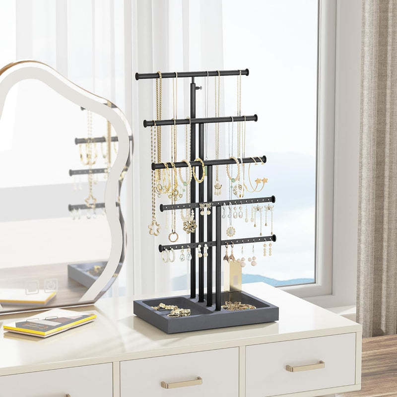 Love-KANKEI Jewelry Organizer Stand,5 Tier Large Necklace Holder with Metal and Wood Base,Jewelry holder stand Tree for Display,Bracelets Earrings Rings,Height Adjustable White and Gold