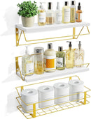 Love-KANKEI Floating Shelves Wall Mounted, Bathroom Shelves Over Toilet with Towel Bar,Wall Shelves with Storage Wire Basket, Wood Shelves for Bedroom Kitchen Living Room Books, Set of 3, White