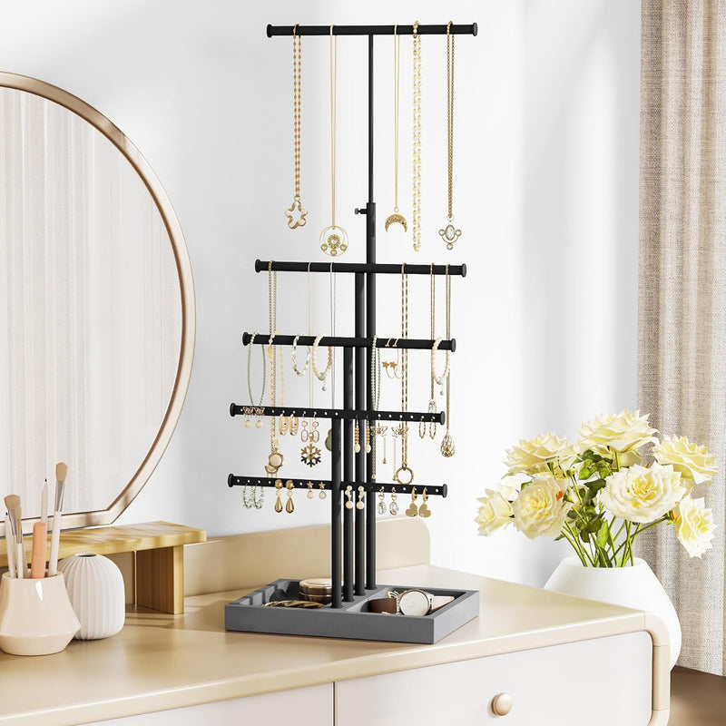 Love-KANKEI Jewelry Organizer Stand,5 Tier Large Necklace Holder with Metal and Wood Base,Jewelry holder stand Tree for Display,Bracelets Earrings Rings,Height Adjustable White and Gold