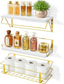 Love-KANKEI Floating Shelves Wall Mounted, Wood Wall Shelves with Storage Wire Basket, Bathroom Shelf Over Toilet eith Towel Bar,Hanging Shelves for Beadroom Living Room Kitchen, Set of 3, Black