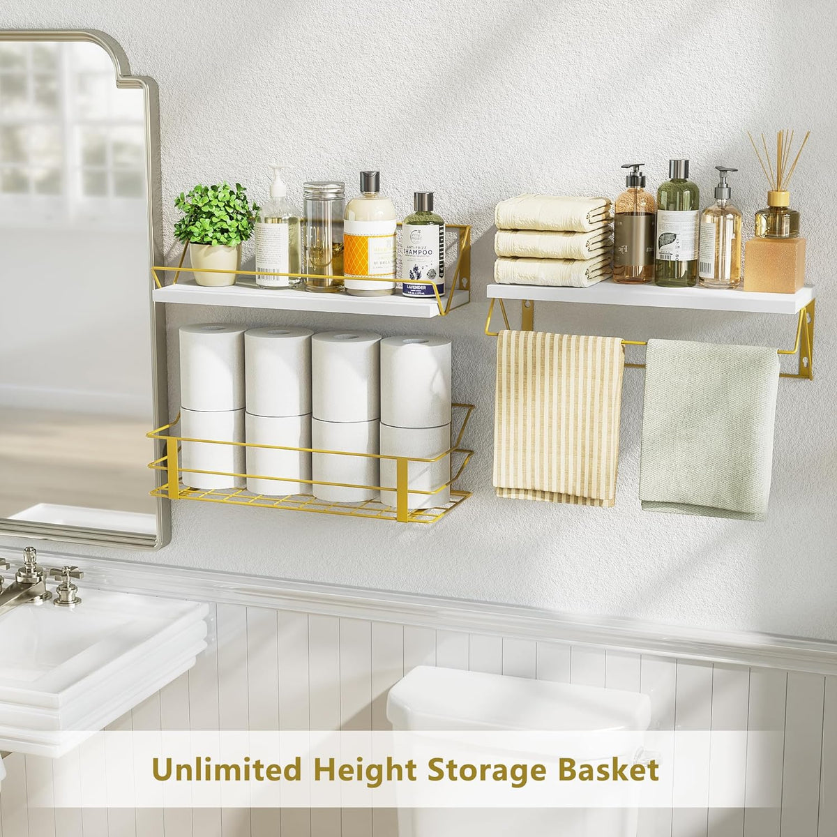 Towel Shelf AJINGELA Wall Mounted Floating Metal Storage Rack,White Bathroom  Shelves Space Saving Rustproof Extra Strong Floating Storage Rack(23CM Bar  Towels, image size:1200x1200