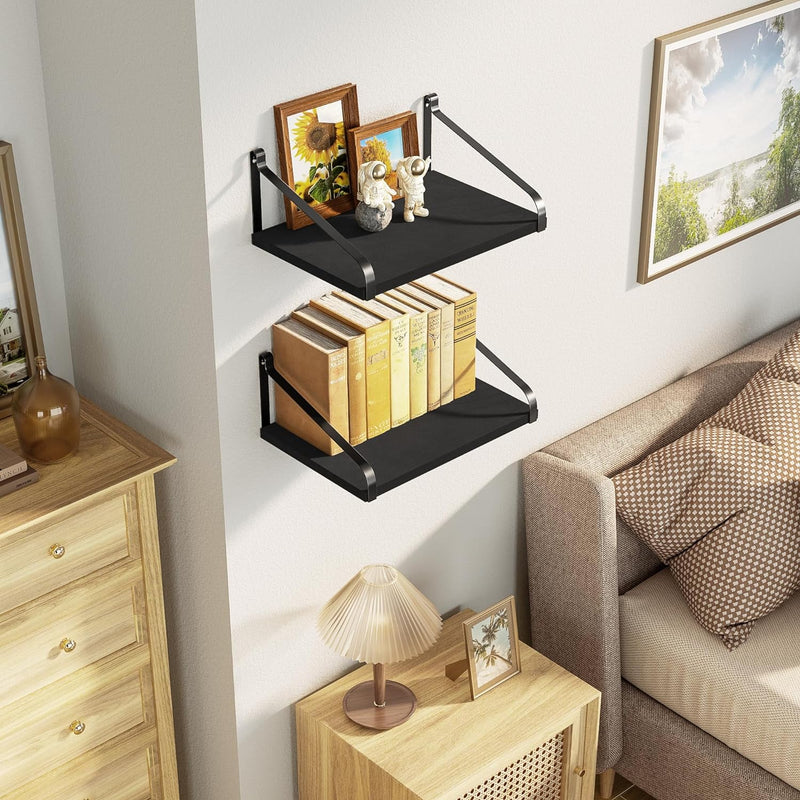 Love-KANKEI Floating Shelves Wall Mount Rustic Wood Wall Shelves with Large Storage L16.5 x W12 inch for Kitchen Living Room Bathroom Bedroom Set of 2 Carbonized Black